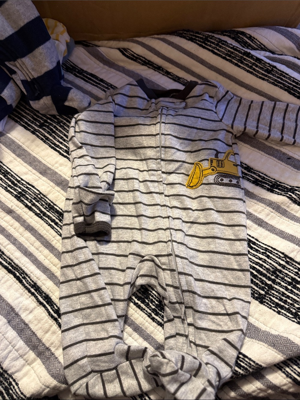 Carter's Gray & Black Striped Footed One-Piece with Yellow Excavator